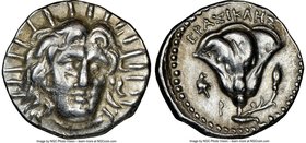 CARIAN ISLANDS. Rhodes. Ca. 250-205 BC. AR didrachm (21mm, 1h). NGC XF. Erasicles, magistrate. Radiate facing head of Helios, turned slightly right, h...