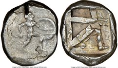PAMPHYLIA. Aspendus. Ca. mid-5th century BC. AR stater (21mm, 9h). NGC VF, overstruck, test cut. Helmeted nude hoplite advancing right, shield in left...