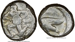 CILICIA. Mallus. Ca. 440-385 BC. AR stater (20mm, 8h). NGC Choice Fine. Bearded male, winged, in kneeling/running stance left, holding solar disk with...