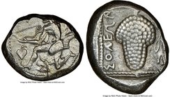 CILICIA. Soloi. Ca. 440-400 BC. AR stater (21mm, 9h). NGC Choice VF. Amazon, nude to waist, on one knee left, wearing pointed cap, bowcase attached to...