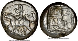 CILICIA. Tarsus. Ca. late 5th century BC. AR stater (20mm,10.56 gm, 10h). NGC XF 4/5 - 3/5. Ca. 420-410 BC. Satrap on horseback riding left, reins in ...