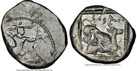 CYPRUS. Citium. Azbaal (ca. 449-425 BC). AR stater (24mm, 11.14 gm, 9h). NGC XF 3/5 - 4/5, overstruck. Heracles in fighting stance right, nude but for...