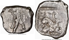 CYPRUS. Citium. Azbaal (ca. 449-425 BC). AR stater (24mm, 11.21 gm, 9h). NGC Choice VF 3/5 - 3/5. Heracles in fighting stance right, nude but for lion...