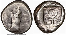 CYPRUS. Salamis. Uncertain king (ca. 480-460 BC). AR stater (20mm, 11.23 gm, 2h). NGC VF 2/5 - 5/5. Cypriot script above and below, ram recumbent left...