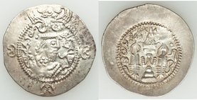 TOKHARISTAN. Yabghus of Bactria. Ca. AD 6th-7th century. AR drachm (31mm, 3.87 gm, 4h). XF. Sasanian-type bust right, wearing crown topped by buffalo ...