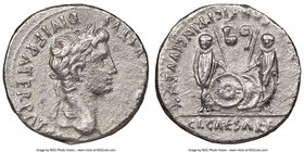 Augustus (27 BC-AD 14). AR denarius (19mm, 5h). NGC VF. Lugdunum, 2 BC-AD 4. CAESAR AVGVSTVS-DIVI F PATER PATRIAE, laureate head of Augustus right / A...