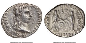Augustus (27 BC-AD 14). AR denarius (20mm, 2h). NGC VF, bankers mark. Lugdunum, 2 BC-AD 4. CAESAR AVGVSTVS-DIVI F PATER PATRIAE, laureate head of Augu...
