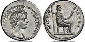Tiberius (AD 14-37). AR denarius (19mm, 3.76 gm, 12h). NGC AU 4/5 - 4/5. Lugdunum. TI CAESAR DIVI-AVG F AVGVSTVS, laureate head of Tiberius right / PO...
