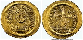 Justin II (AD 565-578). AV solidus (21mm, 4.40 gm, 7h). NGC Choice MS 5/5 - 4/5, clipped. Constantinople, 10th officina. D N I-VSTI-NVS PP AVG, helmet...