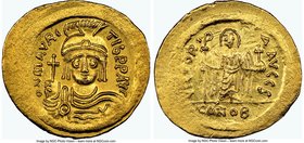 Maurice Tiberius (AD 582-602). AV solidus (22mm, 4.48 gm, 7h). NGC MS 4/5 - 3/5, brushed. Constantinople, 6th officina. o N mAVRC-TIb P P AVG, draped ...