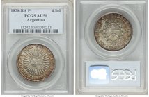 Rio de la Plata 4 Soles 1828 RA-P AU50 PCGS, Rioja mint, KM22. Coin alignment. Autumnal shades in golds and reds. 

HID09801242017