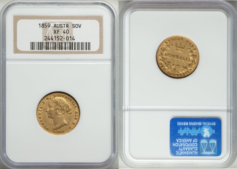 Victoria gold Sovereign 1859-SYDNEY XF40 NGC, Sydney mint, KM4. AGW 0.2353 oz.

...