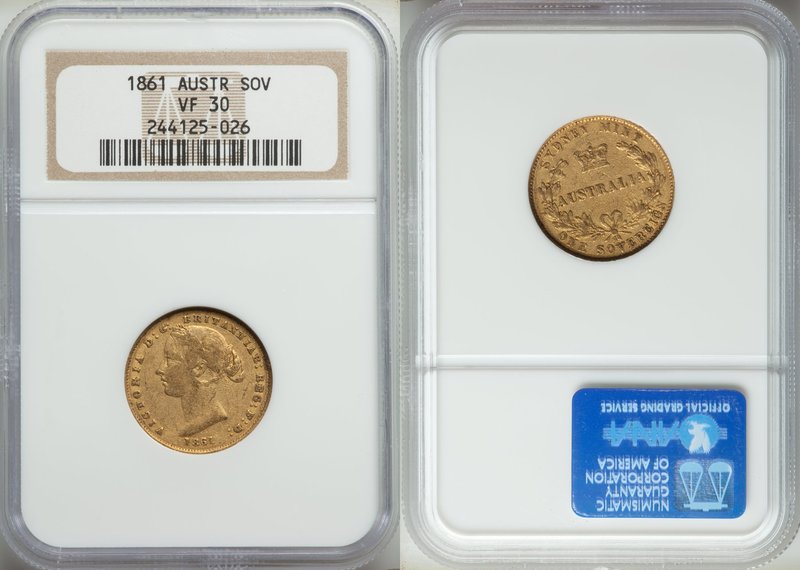 Victoria gold Sovereign 1861-SYDNEY VF30 NGC, Sydney mint, KM4. AGW 0.2353 oz.

...