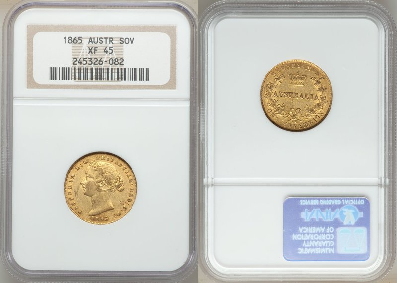 Victoria gold Sovereign 1865-SYDNEY XF45 NGC, Sydney mint, KM4. AGW 0.2353 oz. 
...