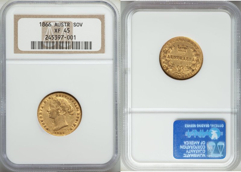 Victoria gold Sovereign 1866-SYDNEY XF45 NGC, Sydney mint, KM4. AGW 0.2353 oz.

...