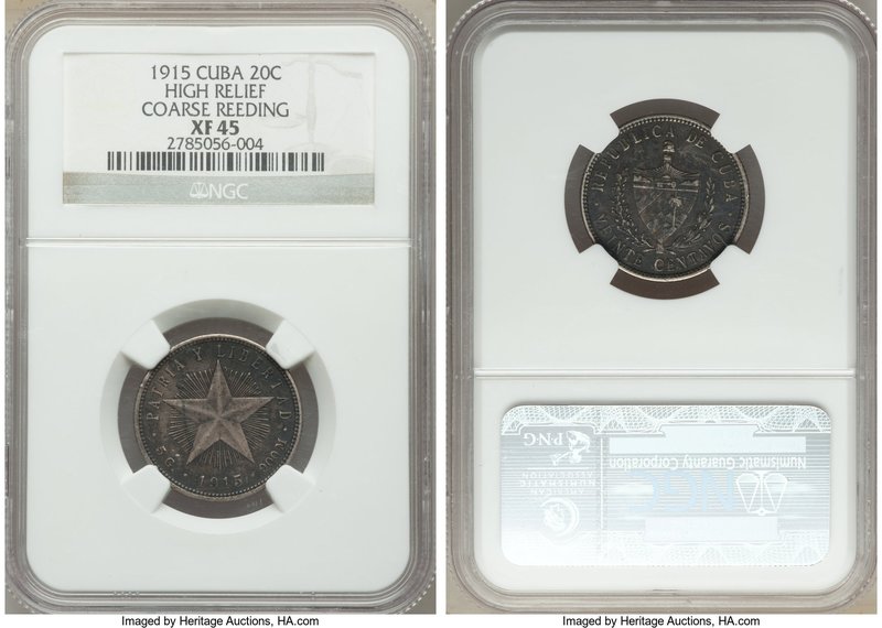 Republic "High Relief" Star 20 Centavos 1915 XF45 NGC, KM13.1. High relief star,...