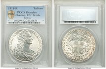 Italian Colony. Vittorio Emanuele III Tallero 1918-R UNC Details (Cleaning) PCGS, Rome mint, KM5. Brilliant lustrous fields, without toning. Conservat...