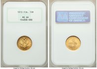 Russian Duchy. Nicholas II gold 10 Markkaa 1913-S MS66 NGC, Helsinki mint, KM8.2. Last year of type. AGW 0.0933 oz.

HID09801242017
