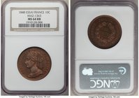 Republic copper Essai 10 Centimes 1848 MS64 Red and Brown NGC, Maz-1363. REPUBLIC FRANCAISE Bust of Republic with laurel crown and headdress / LIBERTE...