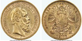Württemberg. Karl I gold 20 Mark 1873-F AU53 NGC, Stuttgart mint, KM622.

HID09801242017