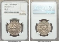 Weimar Republic "Bremerhaven" 3 Mark 1927-A MS63 NGC, Berlin mint, KM50. Lustrous with gold and gray toning. 

HID09801242017