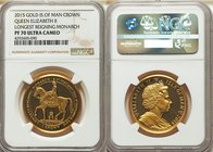 British Dependency. Elizabeth II gold Proof Crown 2015 PR70 Ultra Cameo NGC, KM-Unl. Issued to commemorate Queen Elizabeth as the longest reigning Bri...
