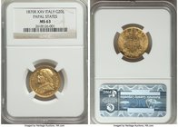 Papal States. Pius IX gold 20 Lire Anno XXV (1870)-R MS63 NGC, Rome mint, KM1382.4.

HID09801242017