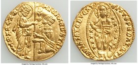 Venice. Michael Steno gold Ducat ND (1400-1413) AU (Scratches), Fr-1230. 20.9mm. 3.25gm. MIChAЄLSTЄN | • S | • M | • V | Є | N | Є | T | I, Doge kneel...