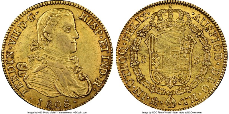 Ferdinand VII gold 8 Escudos 1808 Mo-TH AU58 NGC, Mexico City mint, KM160. Lustr...