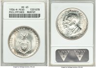 USA Administration "Murphy-Quezon" Peso 1936-M MS65 ANACS, Manilla mint, KM178. Mintage: 10,000. One year type with conjoined busts of Murphy-Quezon i...