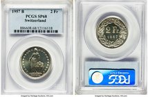 Confederation Specimen 2 Francs 1957-B SP68 PCGS, Bern mint, KM21. Full cartwheel luster with cameo devices. 

HID09801242017