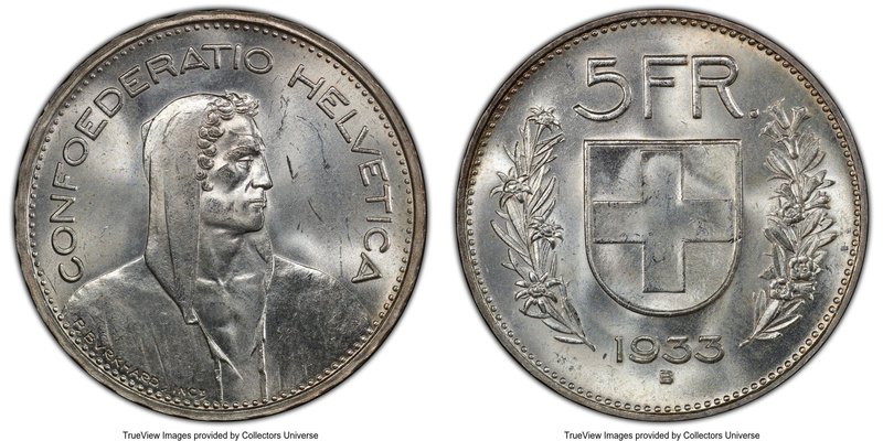 Confederation 5 Francs 1933-B MS64 PCGS, Bern mint, KM40. Choice white lustrous ...