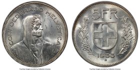 Confederation 5 Francs 1933-B MS64 PCGS, Bern mint, KM40. Choice white lustrous surfaces. 

HID09801242017