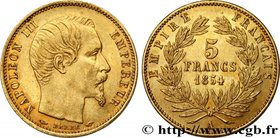 SECOND EMPIRE
Type : 5 francs or Napoléon III, tête nue, petit module, tranche lisse 
Date : 1854 
Mint name / Town : Paris 
Quantity minted : 690...
