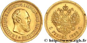 RUSSIA
Type : 5 Roubles Alexandre III 
Date : 1889 
Mint name / Town : Saint-Petersbourg 
Quantity minted : 4200000 
Metal : gold 
Millesimal fi...