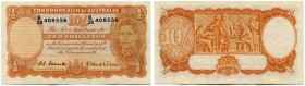 Australien 
 Commonwealth Bank of Australia 
 10 Shillings o. J. / ND (1952). Signaturen Coombs - Wilson. Pick 25d. Kl. Risschen / small tears. III ...