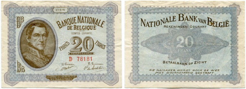 Belgien 
 Banque Nationale de Belgique. 
 20 Francs 1914, 27. August. Pick 83....
