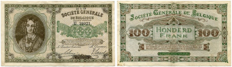 Belgien 
 Société Générale. 
 100 Francs 1915, 20. Januar. Pick 90. Sehr selte...