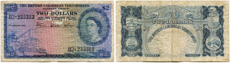 Britisch Caribbean Territories 
 2 Dollars 1953, 5. Januar. Pick 8a. Selten. IV...
