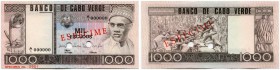 Cap Verde Inseln 
 Republik 
 Banco de Cabo Verde. 
 1000 Escudos 1977, 20. Januar. Specimen No. 0901 mit beidseitiger roter Aufschrift/red printin...