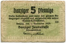 Danzig 
 Danziger Zentralkasse AG. 
 5 Pfennige 1923, 1. November. Rosenberg/Grabowski 824. Pick 44. IV / fine.