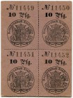 Deutschland vor 1918 
 Geldscheine der altdeutschen Staaten 
 Neustrelitz (Mecklenburg-Strelitz). 
 10 Pfennig o. J. / ND (1893). Viererblock zu 10...