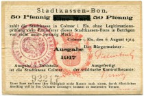 Deutschland vor 1918 
 Geldscheine aus der Zeit des 1. Weltkriegs 
 Notgeld. 
 50 Pfennig o. J. (1914)/1917 . Colmar (Oberelsass). Überdruck auf 1 ...