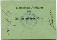 Deutschland vor 1918 
 Geldscheine aus der Zeit des 1. Weltkriegs 
 Notgeld. 
 1 Mark 1914. Gemeinde Altthann (Oberelsass). Nicht entwertet; Signat...