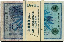 Deutschland vor 1918 
 Varia 
 Schleswig-Holstein. 
 Lot 1908 und später. Reichsbanknoten. 100 Mark vom 7. Februar 1908. Originalbündel zu 50 Stück...