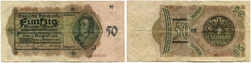 Deutschland nach 1918 
 Deutsche Länderbanknoten 
 Badische Bank. 
 50 Reichs...