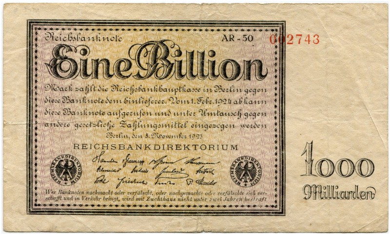 Deutschland nach 1918 
 Geldscheine der Inflation 1919-1924 
 1 Billion Mark 1...