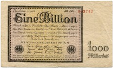 Deutschland nach 1918 
 Geldscheine der Inflation 1919-1924 
 1 Billion Mark 1923, 5. November. Firmendruck mit 6stelliger Kennnummer und schwarzem ...
