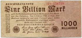 Deutschland nach 1918 
 Geldscheine der Inflation 1919-1924 
 1 Billion Mark 1923, 1. November. Lot. Firmendruck mit 6stelliger Kennnummer und rotem...