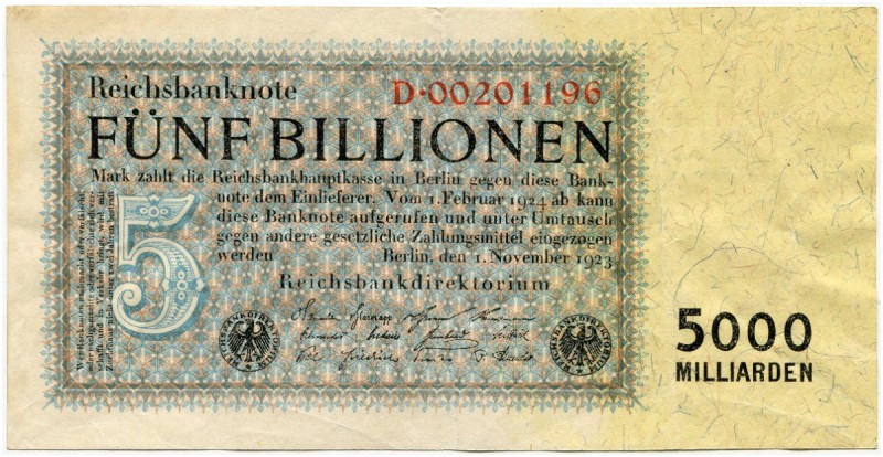 Deutschland nach 1918 
 Geldscheine der Inflation 1919-1924 
 5 Billionen Mark...